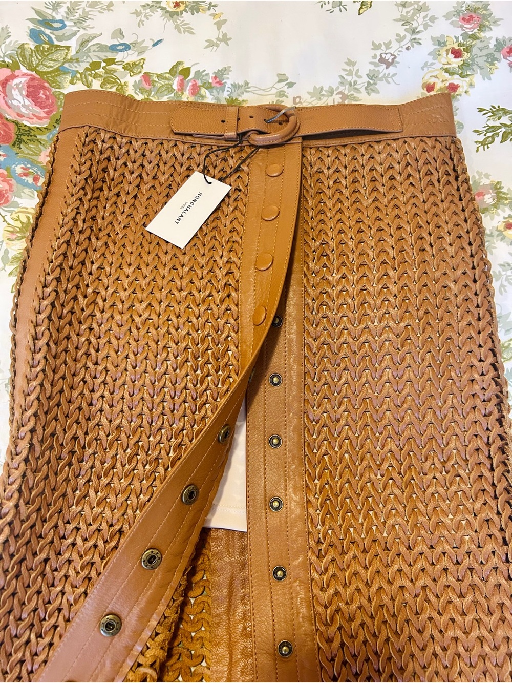 NONCHALANT Label, Genuine Leather Crochet Tan Maxi Skirt with Belt, size M, NWT - Picture 7 of 10
